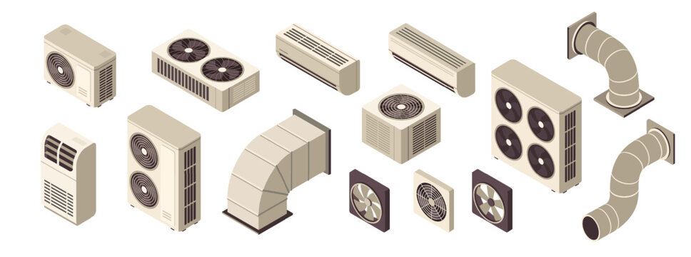 Set of 3D air conditioners condenser units. Chiller, HVAC, and cooling systems for commercial properties and factories. Isometric human made vector illustration collection isolated on background