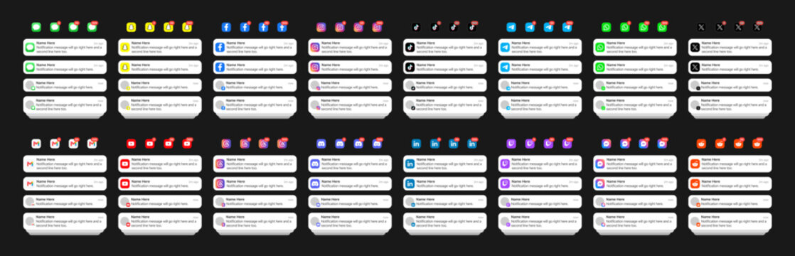 iOS Notification UI push banners in four different styles. and social app logos with one, two and three digit indicators.