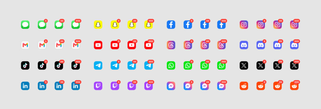 iOS Notification with one, two and three digit indicator on social app logos.