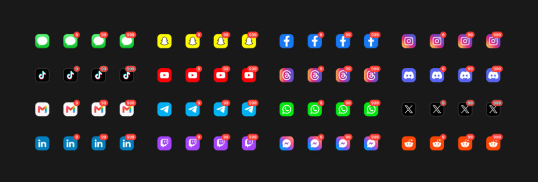 iOS Notification with one, two and three digit indicator on social app logos.