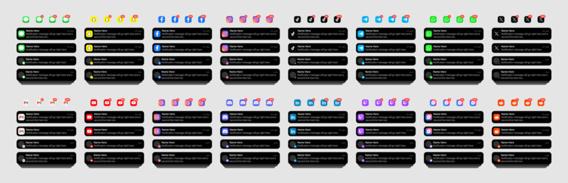 iOS Notification UI push banners in four different styles. and social app logos with one, two and three digit indicators.