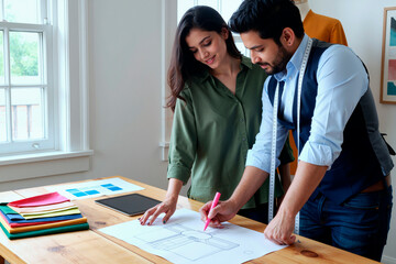 Naklejka premium Young adult fashion designers reviewing garment sketch and fabric samples in studio, planning collection and product development. Ideal for apparel branding, creative teamwork marketing