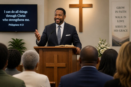Black pastor preaching from pulpit in church sanctuary