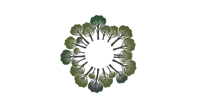Circular arrangement of stylized trees surrounding a central white void, textured appearance