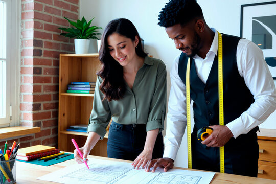 Young adult Caucasian woman and Black man reviewing floor plan and measuring layout in design studio, collaborating on project. Ideal for architecture, interior design, teamwork marketing