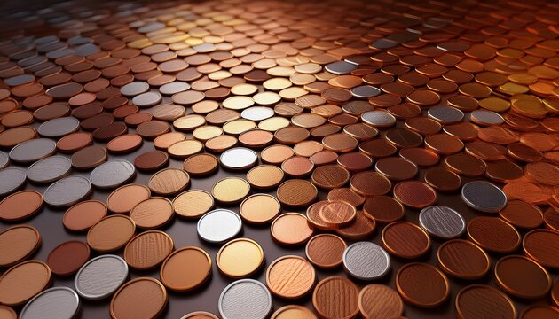 shiny metallic coins in copper bronze silver and gold arranged in grid pattern