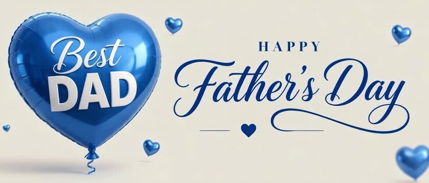 Blue heart balloon with best dad lettering, happy father's day greeting typography on soft beige background, celebration card design with floating hearts, family holiday message, love