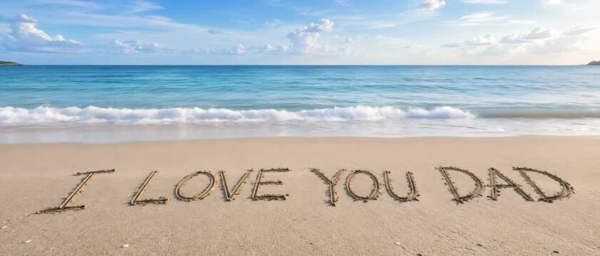 Message of love written in sand on ocean beach, expressing affection to father, serene coastal setting, heartfelt family sentiment, waves gently lapping shore, sunny tropical seascape