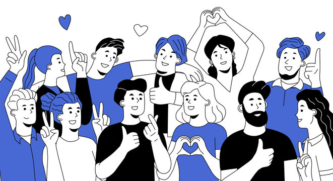 Group of happy people. Smiling men and women communicate, hug, and make hand gestures. Concept of society, friendship, unity and cooperation. Outline hand drawn vector illustration