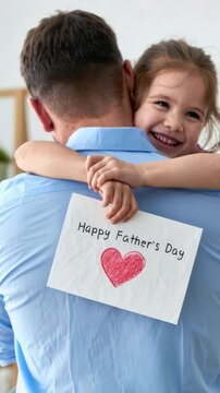 Father and daughter embrace with Father's Day card, heartfelt family connection, joyful celebration, tender moment, expressing love, family bond, handwritten message, childhood joy