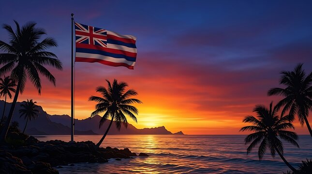 Hawaii State Flag Waving at Sunset with Palm Trees and Ocean