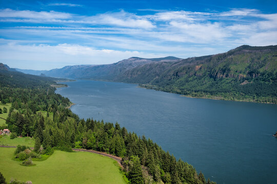 Elevated Panoramic View East up the Columbia River Gorge from the Oregon Shore