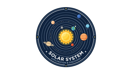 Illustration of a solar system model with planets and the sun on a dark blue circular background. © ahmad