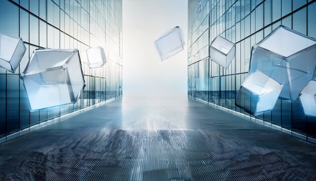 empty modern glass hallway with abstract floating cubes and copyspace
