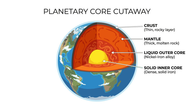 Illustration of a planetary core cutaway showing crust, mantle, liquid outer core, and solid inner core.