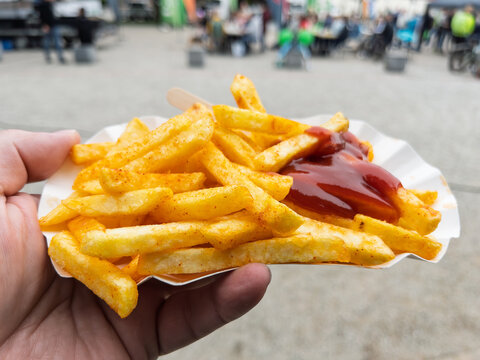 Crispy French Fries with Ketchup Served Outdoors