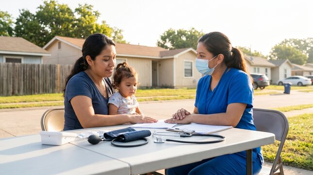 Nurse consulting mother and child, Outdoor community health outreach, Underserved family medical support, Public health service table, Warm lifestyle portrait