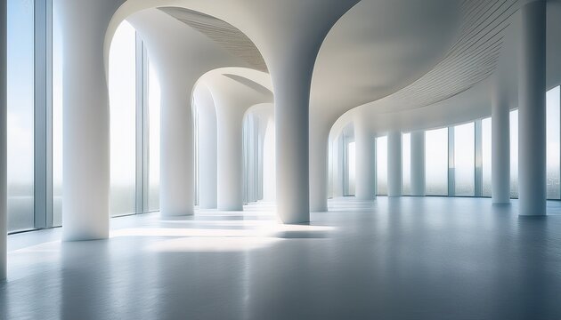 bright minimalist modern interior with curved walls and elegant columns