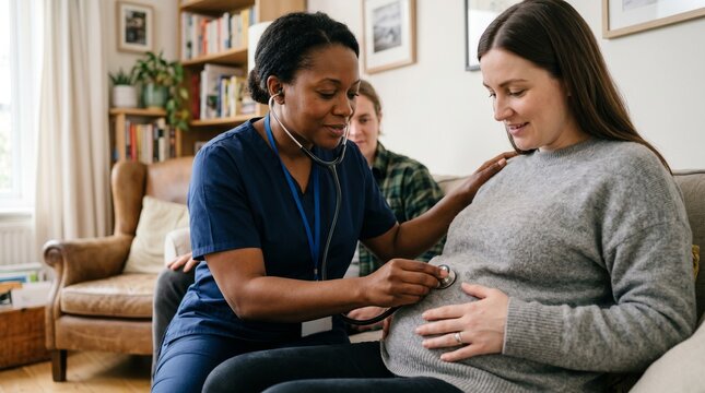 Community midwife prenatal visit, Pregnant adult home healthcare, Maternal support for underserved family, Stethoscope check portrait, Compassionate public health