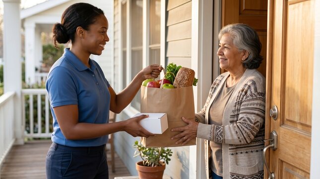 Health worker delivering groceries, Senior support home outreach, Food and medical assistance, Underserved community care, Warm doorway portrait