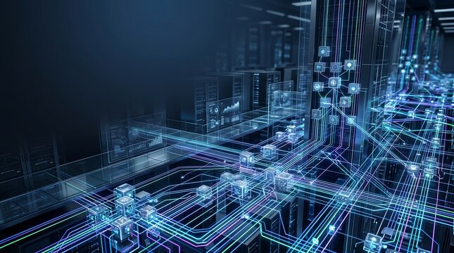 Futuristic circuit board, neon blue lines, technological innovation, electronic components
