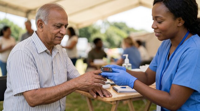 Pulse oximeter screening visit, Community health worker checking oxygen, Outdoor clinic patient support, Underserved healthcare service, Respiratory care close up