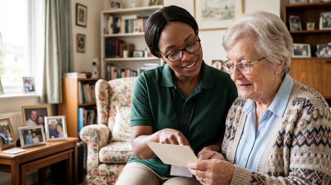Senior medication support visit, Community health worker assisting elder, Eyeglasses and schedule card, Underserved home healthcare, Warm care portrait