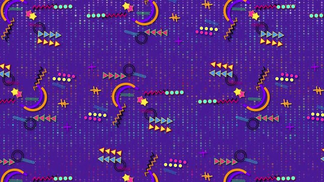 Retro 80s 90s Memphis Style Seamless Looping Animation Background With Vibrant Geometric Shapes, Yellow Stars, Orange Arcs, Zigzags, And Colorful Triangles Floating Over A Dark Purple Matrix Star