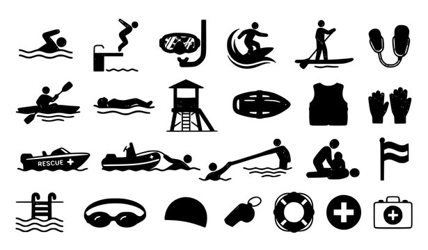 Swimming Water Activities and Drowning Rescue Vector Icon Set with Lifeguard and Safety Symbols