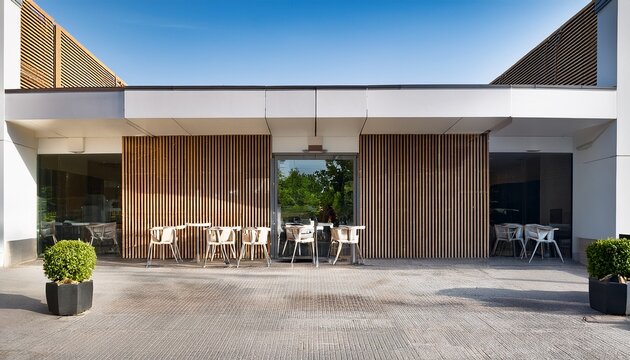 modern minimalist cafe facade with elegant interior and inviting entrance on a summer day