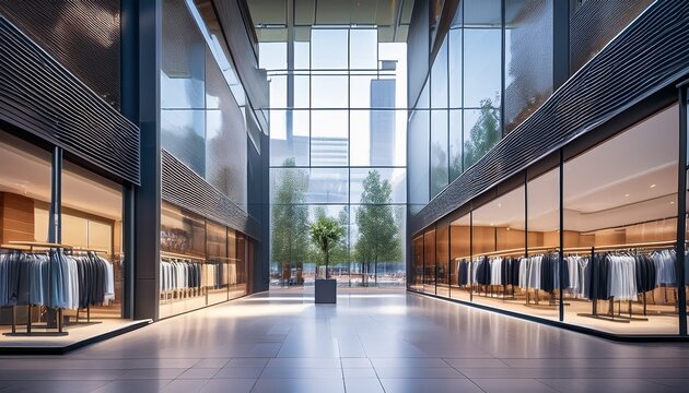 modern shopping mall with transparent glass facade and trendy clothes store