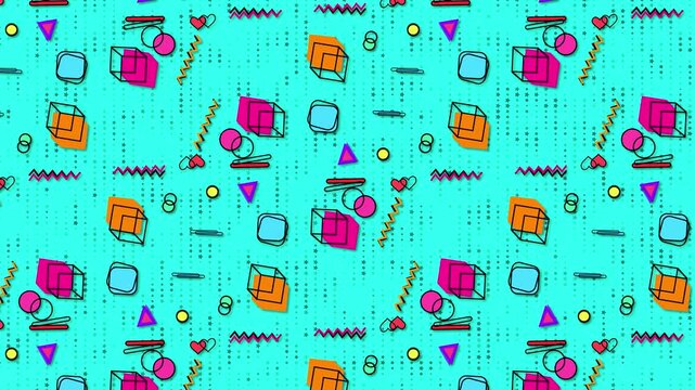 ro 80s And 90s Geometric Seamless Looping Motion Background Featuring Colorful 3d Cubes, Neon Triangles, Playful Squiggles, And Hearts Moving Across A Bright Teal Cyan Starfield, Flat Graphic Design