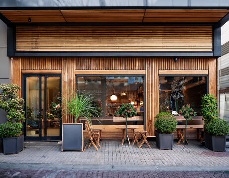 cafe exterior with wooden facade glass window display street furniture plant decoration small local coffee shop storefront