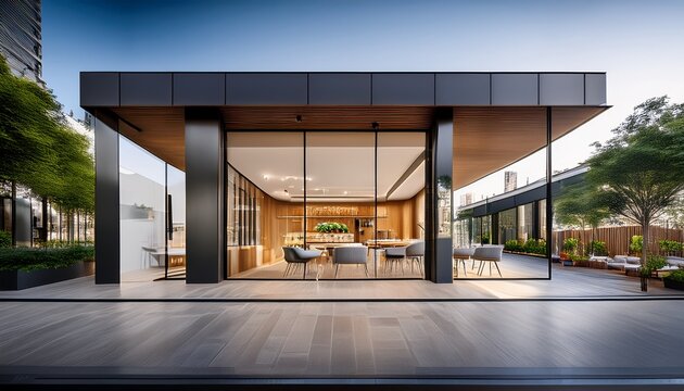 modern furniture store facade showcasing minimalist interior design and urban reflections