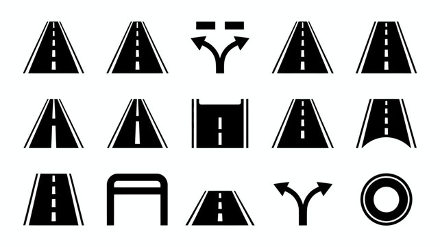 Road segment icons with diverging junctions and circular shapes black silhouettes highway section traffic route intersection roads junction fork turnoff flow silhouette vector graphic flat