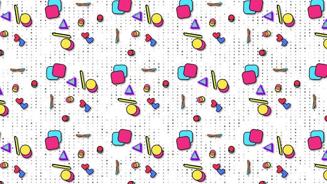 Retnostalgic Retro 1980s And 1990s Memphis Style Geometric Pattern Animation Loop, Featuring Colorful Abstract Shapes Like Hearts, Triangles, Circles, And Squares With Drop Shadows Moving On A White
