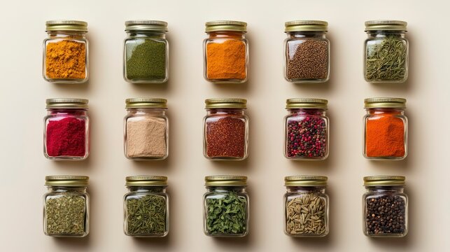 Spice collection in labeled jars arranged in organized grid layout  