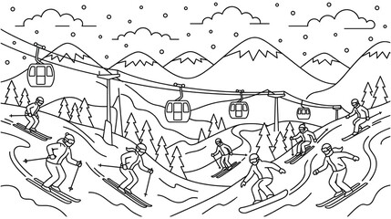 People skiing in mountains with cable cars on ski resort. © GW