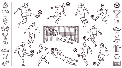 Professional soccer player icons set with trophy whistle. © GW