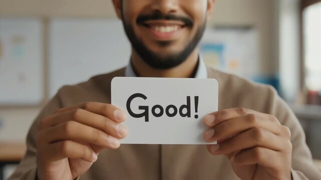 A smiling person proudly holds a "good!" sign, representing encouragement, positive evaluation, motivation, achievement, confidence, and successful learning outcomes.