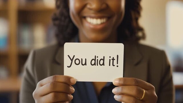 A cheerful woman displaying a handwritten "You Did It!" card, expressing encouragement, achievement, and positivity. Ideal for recognition, education, teamwork, and motivational content.
