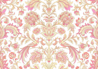 Vintage damask seamless pattern with two birds, blooming flowers, curling branches and leaves, hand drawn vector illustration for wallpaper, textile and packaging design.  © Elen  Lane