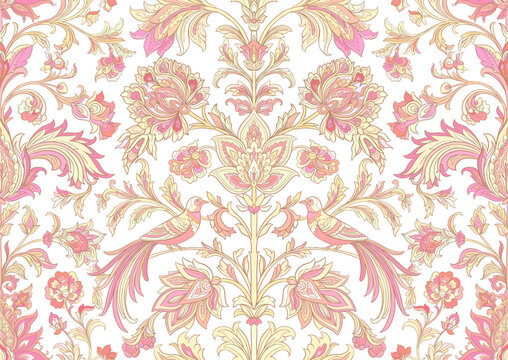 Vintage damask seamless pattern with two birds, blooming flowers, curling branches and leaves, hand drawn vector illustration for wallpaper, textile and packaging design. 