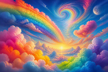 Fototapeta premium Rainbow spiral forming over colorful cloudscape at sunrise
