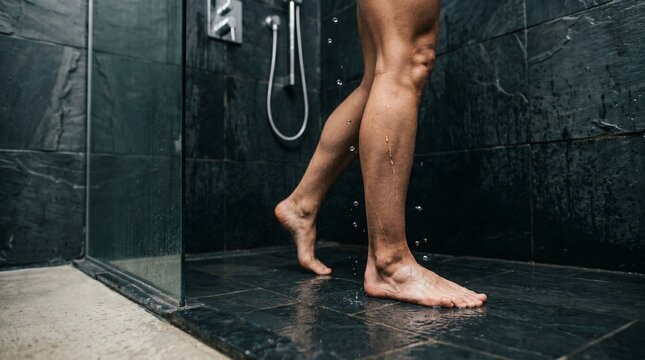 Person walking in a modern dark tiled shower with water splashing on the floor