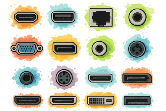 Colorful tech port icons: hdmi, usb, vga, audio, dvi - watercolor style