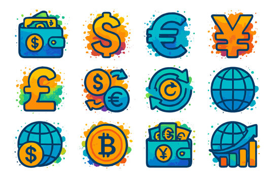 Colorful currency icons featuring bitcoin, dollar, euro, and more symbols