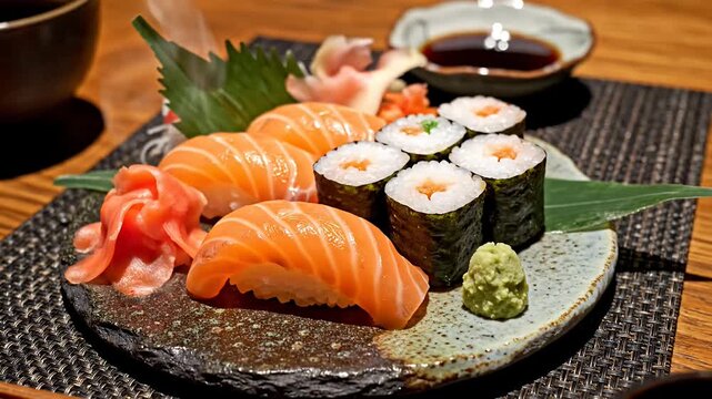 Salmon sushi set with maki and ginger garnishes.
