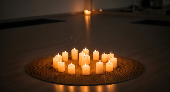 Lit white pillar candles arranged in a circle on a woven mat. Warm glowing candlelight on a wooden floor in a dark room. Atmosphere for meditation yoga or spa wellness