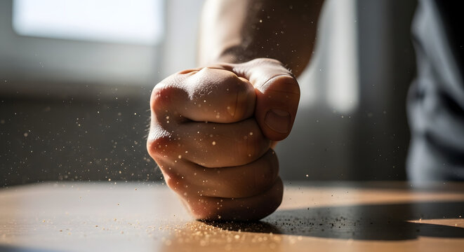 Close up of an angry man slamming his clenched fist on a wooden table. Dust flying from the impact. Aggression and conflict concept